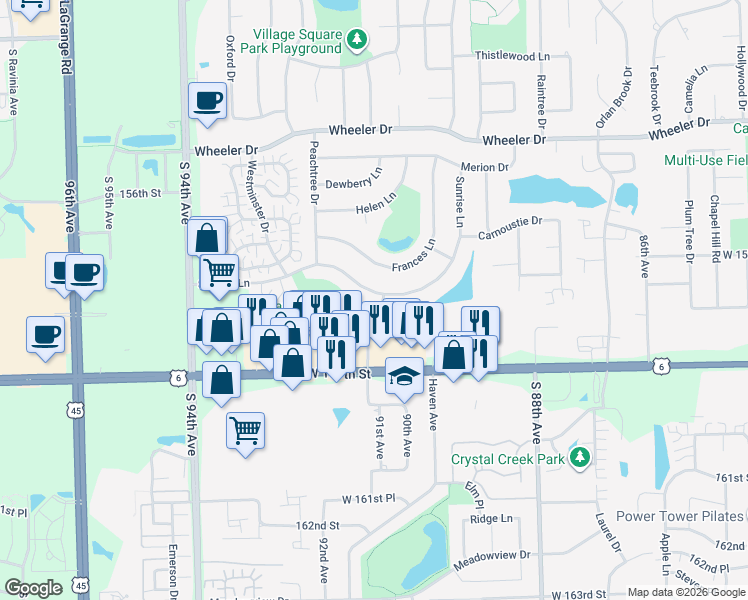 map of restaurants, bars, coffee shops, grocery stores, and more near 9101 Sunrise Lane in Orland Park