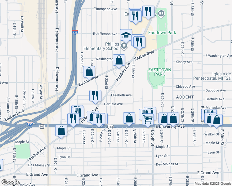 map of restaurants, bars, coffee shops, grocery stores, and more near 2402 Elizabeth Avenue in Des Moines