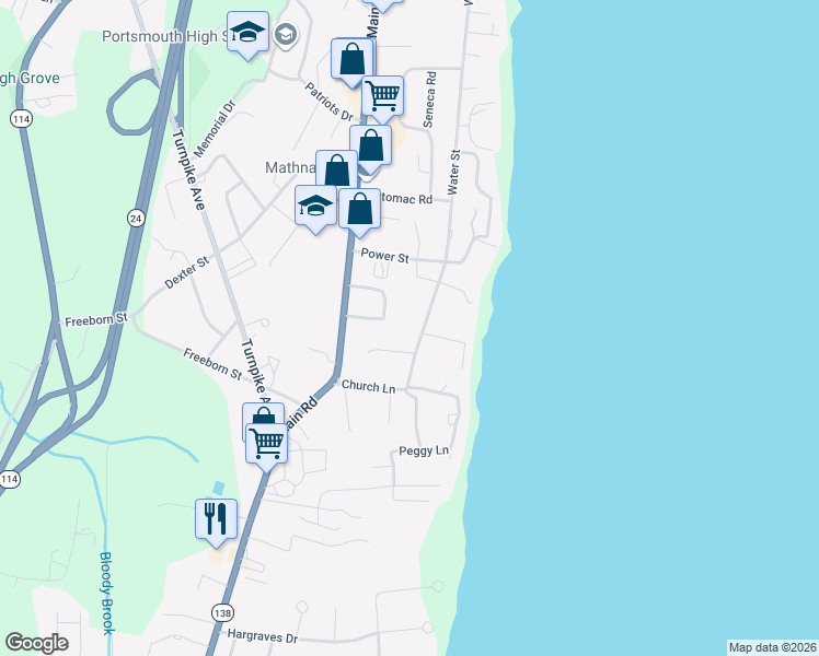 map of restaurants, bars, coffee shops, grocery stores, and more near 58 Water Street in Portsmouth