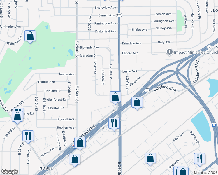 map of restaurants, bars, coffee shops, grocery stores, and more near 855 East 258th Street in Euclid