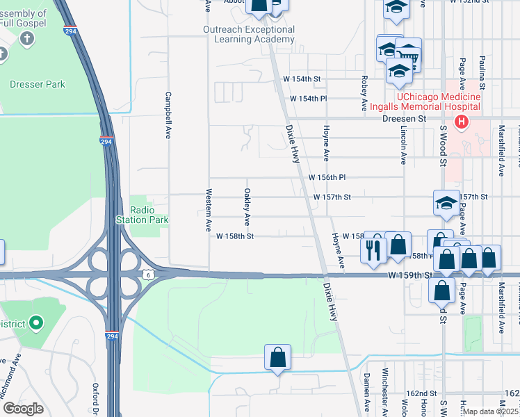map of restaurants, bars, coffee shops, grocery stores, and more near 2240 West 157th Street in Markham