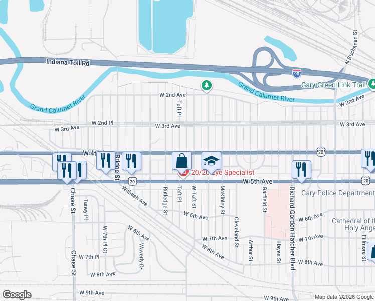 map of restaurants, bars, coffee shops, grocery stores, and more near 2340 West 4th Avenue in Gary