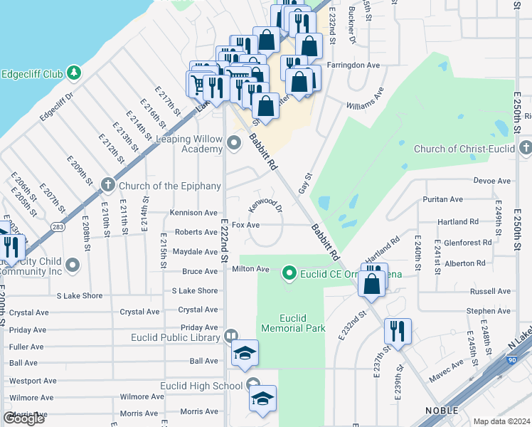 map of restaurants, bars, coffee shops, grocery stores, and more near 490 Kenwood Drive in Euclid
