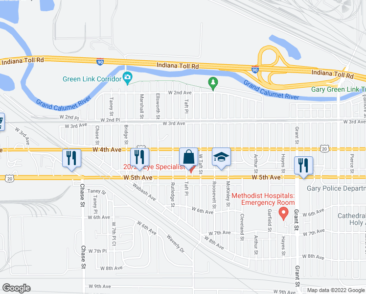 map of restaurants, bars, coffee shops, grocery stores, and more near 2350 West 4th Avenue in Gary