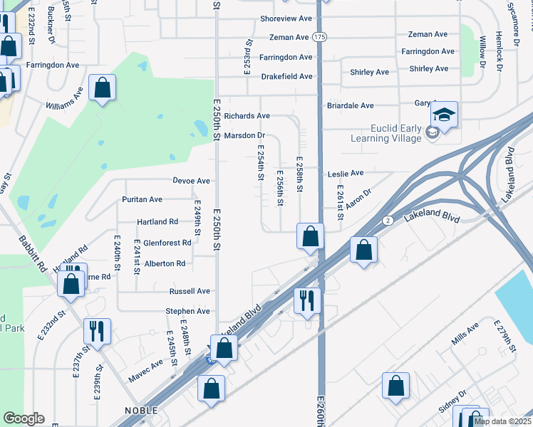 map of restaurants, bars, coffee shops, grocery stores, and more near 811 East 254th Street in Euclid
