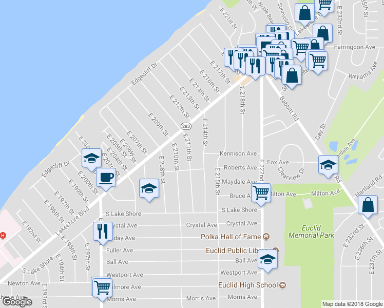 map of restaurants, bars, coffee shops, grocery stores, and more near 271 East 211th Street in Euclid
