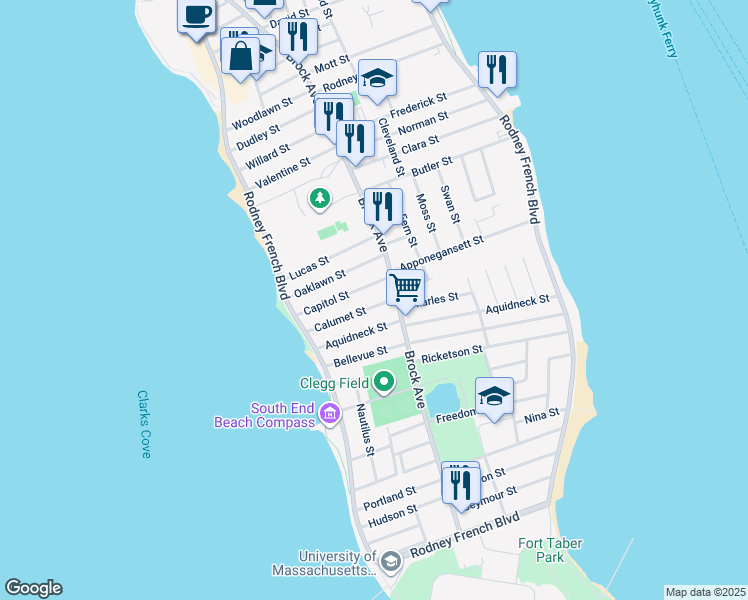 map of restaurants, bars, coffee shops, grocery stores, and more near 19 Calumet St in New Bedford