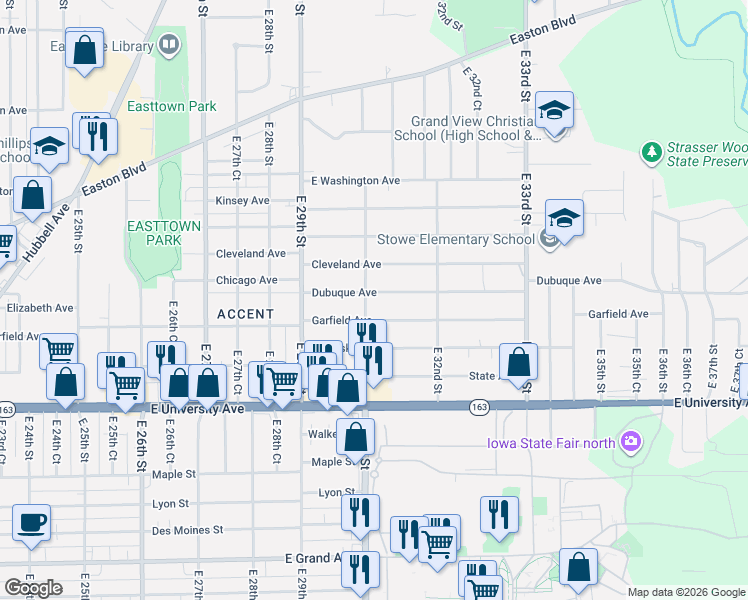 map of restaurants, bars, coffee shops, grocery stores, and more near 3007 Dubuque Avenue in Des Moines
