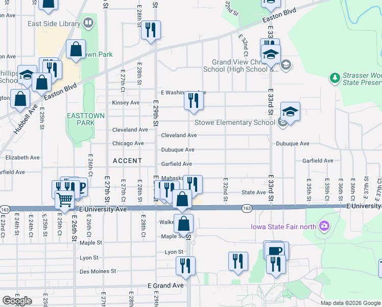 map of restaurants, bars, coffee shops, grocery stores, and more near 3007 Dubuque Avenue in Des Moines