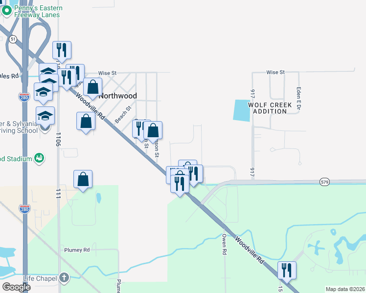 map of restaurants, bars, coffee shops, grocery stores, and more near 3725 Williston Road in Northwood