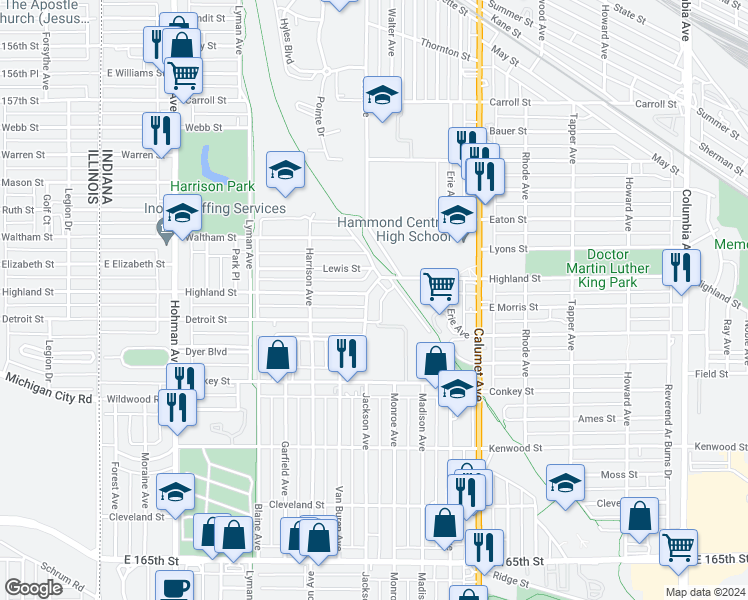 map of restaurants, bars, coffee shops, grocery stores, and more near 604 Highland Street in Hammond