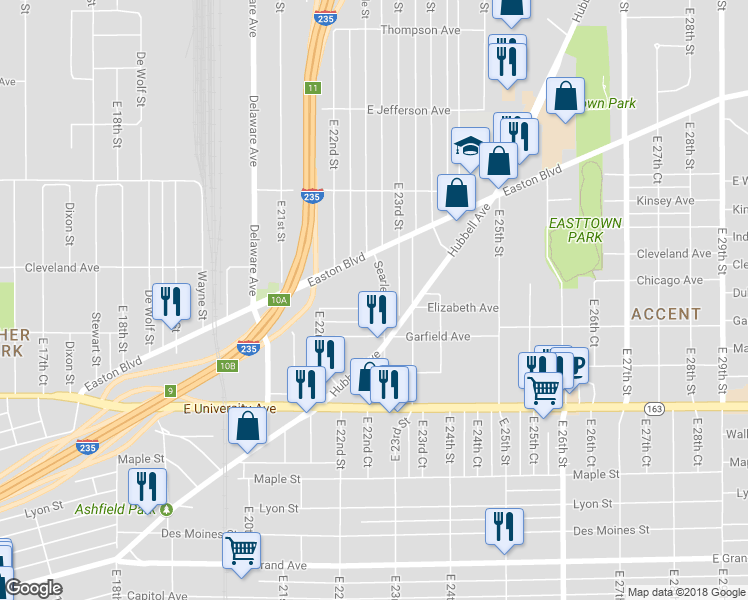 map of restaurants, bars, coffee shops, grocery stores, and more near 2240 Elizabeth Avenue in Des Moines