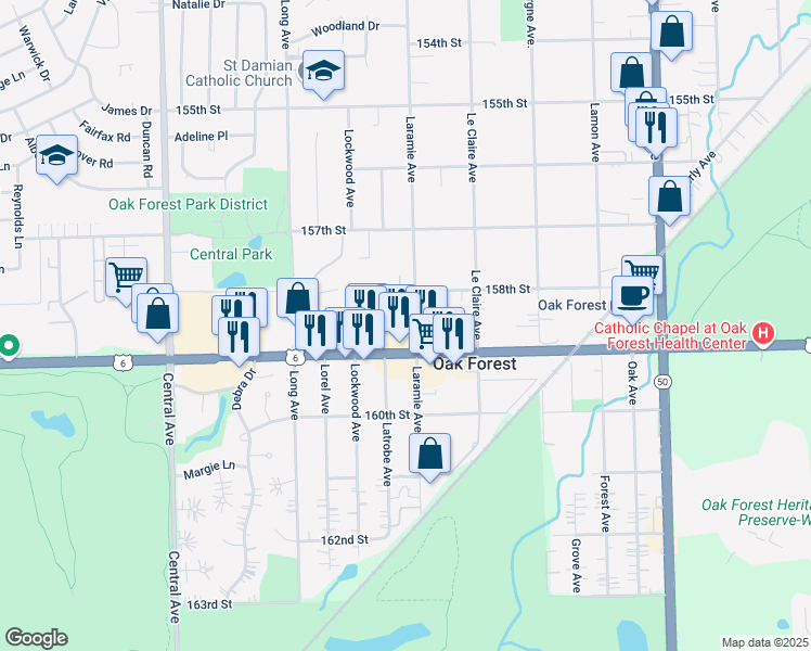 map of restaurants, bars, coffee shops, grocery stores, and more near 15860 Laramie Avenue in Oak Forest