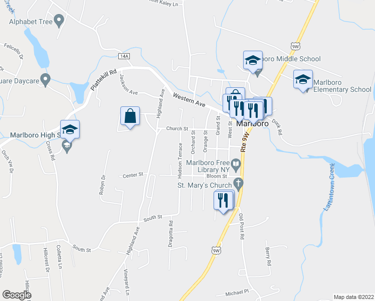 map of restaurants, bars, coffee shops, grocery stores, and more near 27 Hudson Terrace in Marlboro