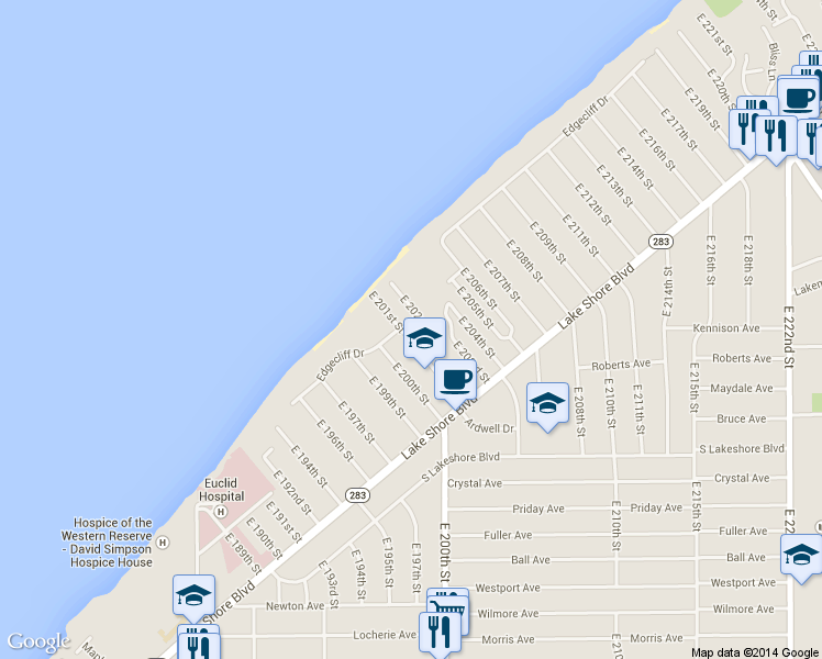 map of restaurants, bars, coffee shops, grocery stores, and more near 81 East 201st Street in Euclid