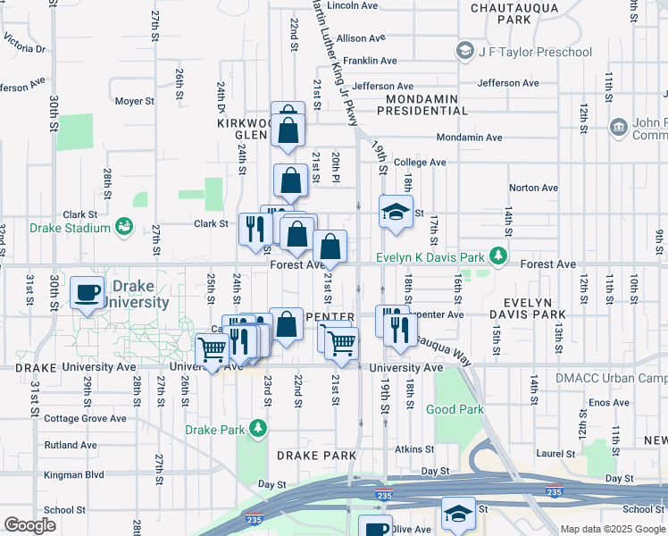 map of restaurants, bars, coffee shops, grocery stores, and more near 2024 Forest Avenue in Des Moines