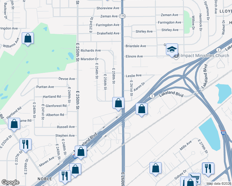 map of restaurants, bars, coffee shops, grocery stores, and more near 855 East 258th Street in Euclid