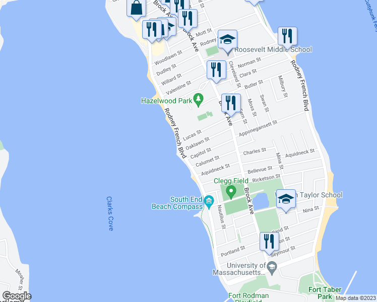 map of restaurants, bars, coffee shops, grocery stores, and more near 110 Oaklawn Street in New Bedford