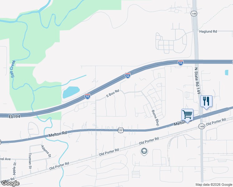 map of restaurants, bars, coffee shops, grocery stores, and more near 362 South Boo Road in Chesterton
