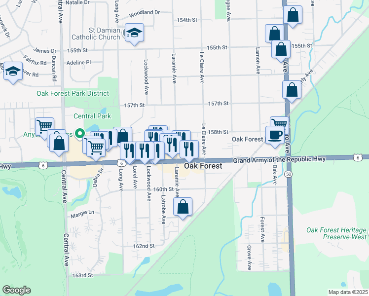 map of restaurants, bars, coffee shops, grocery stores, and more near 5116 159th Street in Oak Forest