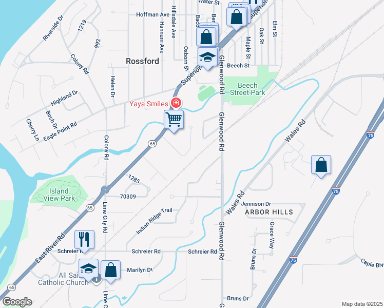 map of restaurants, bars, coffee shops, grocery stores, and more near 107 Rossway Avenue in Rossford
