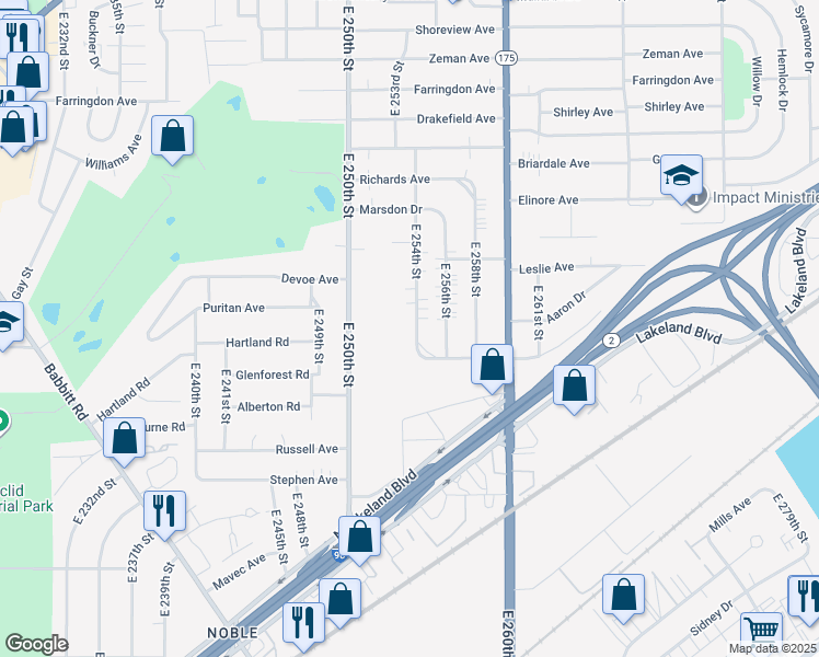 map of restaurants, bars, coffee shops, grocery stores, and more near 804 East 254th Street in Euclid