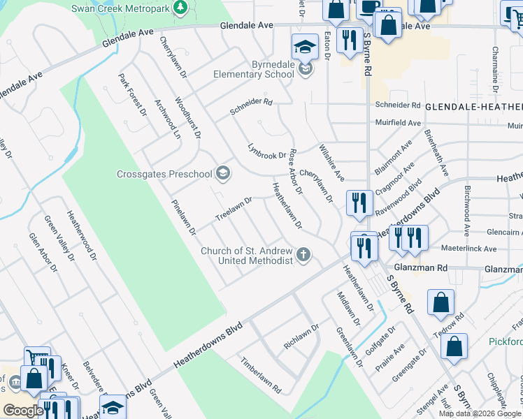 map of restaurants, bars, coffee shops, grocery stores, and more near 1916 Colony Drive in Toledo