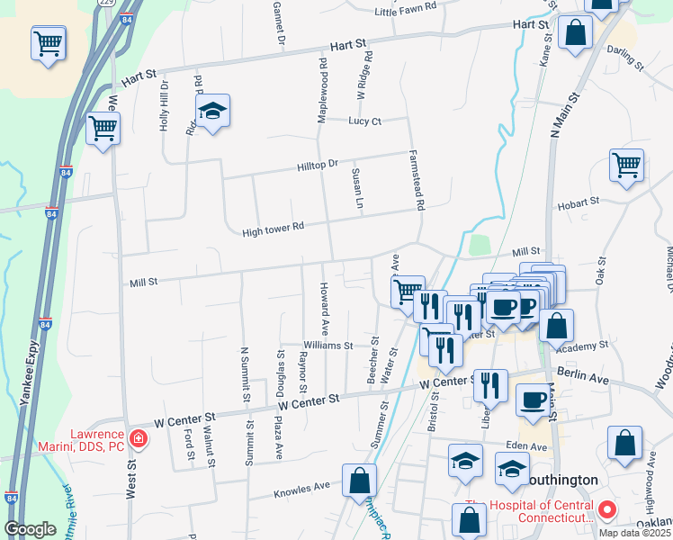 map of restaurants, bars, coffee shops, grocery stores, and more near 280 Mill Street in Southington