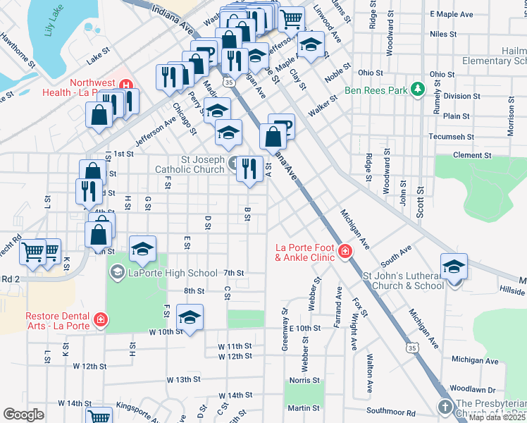 map of restaurants, bars, coffee shops, grocery stores, and more near 316 A Street in La Porte