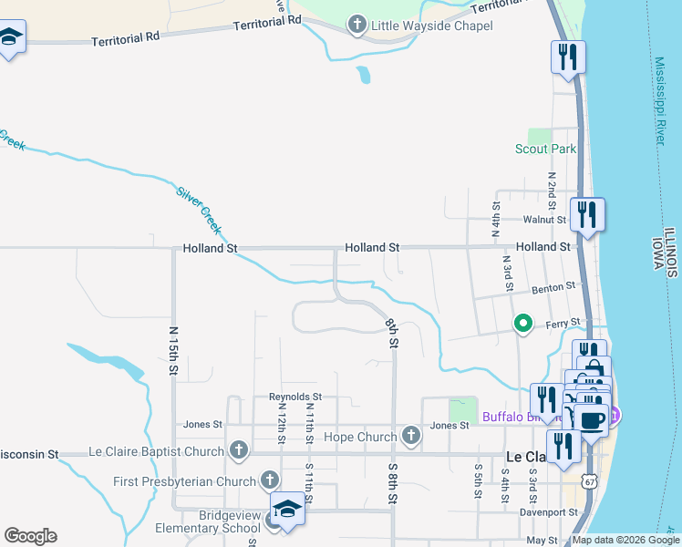 map of restaurants, bars, coffee shops, grocery stores, and more near 2 Frontier Court in Le Claire