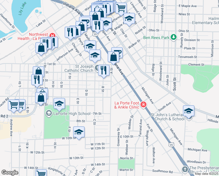 map of restaurants, bars, coffee shops, grocery stores, and more near 316 A Street in La Porte