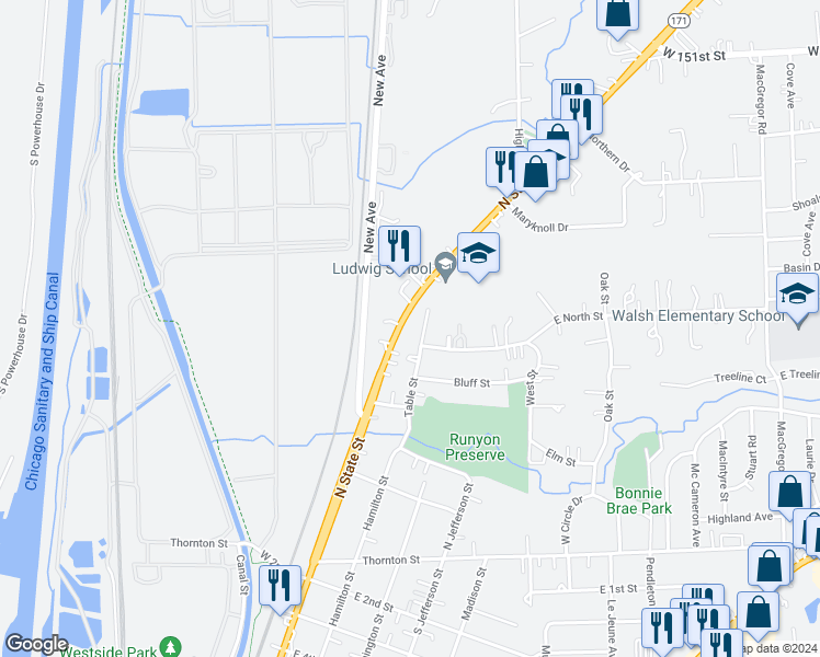map of restaurants, bars, coffee shops, grocery stores, and more near 614 North State Street in Lockport
