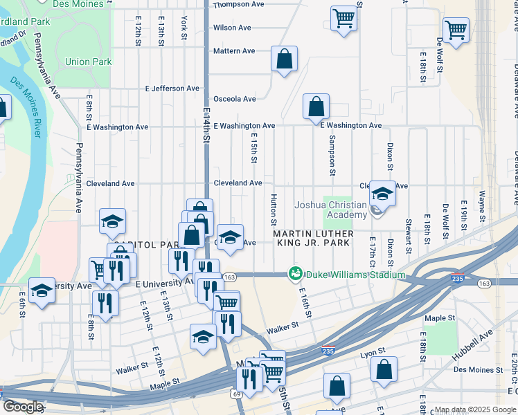 map of restaurants, bars, coffee shops, grocery stores, and more near 1345 East 15th Street in Des Moines