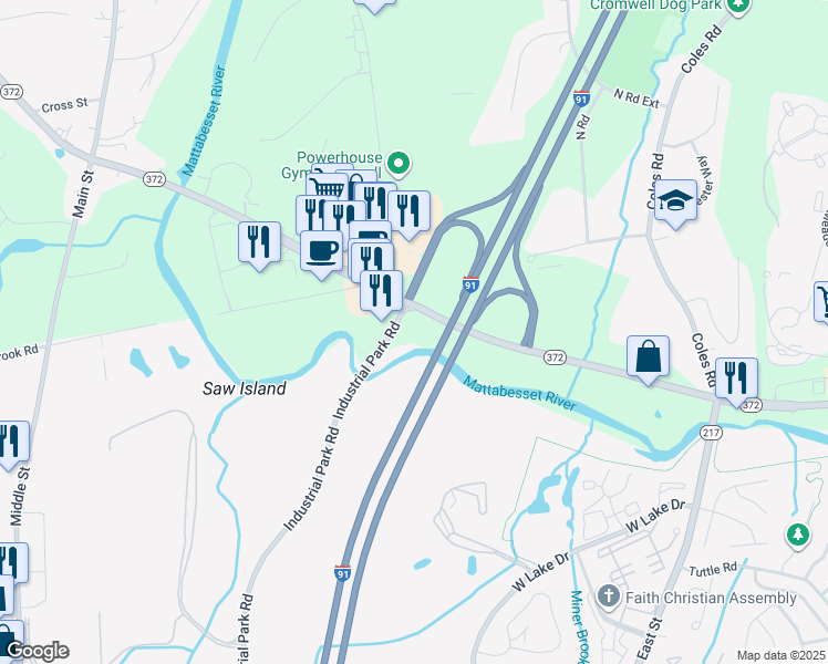 map of restaurants, bars, coffee shops, grocery stores, and more near 1 Industrial Park Rd in Middletown