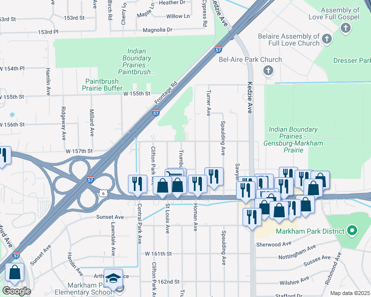 map of restaurants, bars, coffee shops, grocery stores, and more near 15711 Trumbull Avenue in Markham