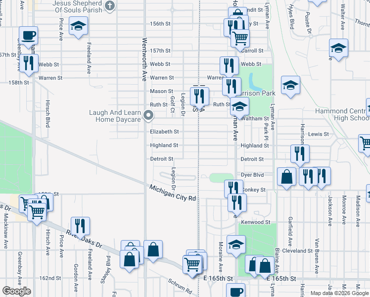 map of restaurants, bars, coffee shops, grocery stores, and more near 11 Highland Street in Calumet City