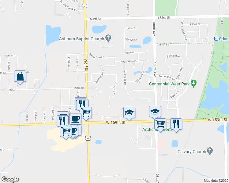 map of restaurants, bars, coffee shops, grocery stores, and more near 15657 Shire Drive in Orland Park
