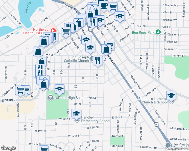 map of restaurants, bars, coffee shops, grocery stores, and more near 207 4th Street in La Porte