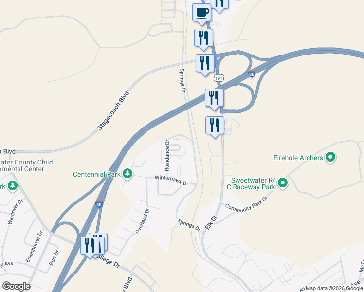 map of restaurants, bars, coffee shops, grocery stores, and more near 847 Moccasin Lane in Rock Springs