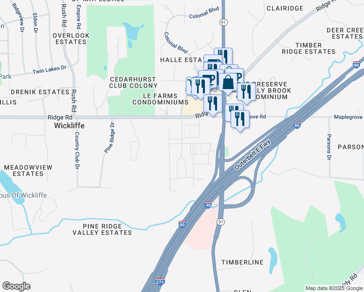 map of restaurants, bars, coffee shops, grocery stores, and more near 2255 Par Lane in Willoughby