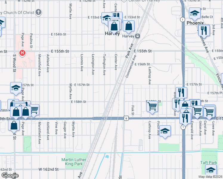 map of restaurants, bars, coffee shops, grocery stores, and more near 15716 Park Avenue in Harvey