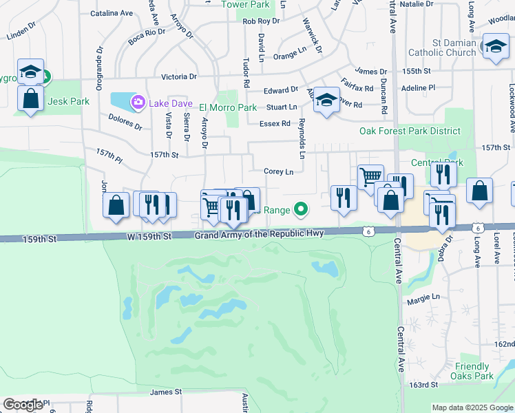 map of restaurants, bars, coffee shops, grocery stores, and more near 15828 Terrace Drive in Oak Forest
