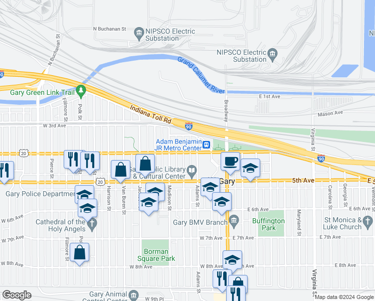 map of restaurants, bars, coffee shops, grocery stores, and more near 379 Jefferson Street in Gary