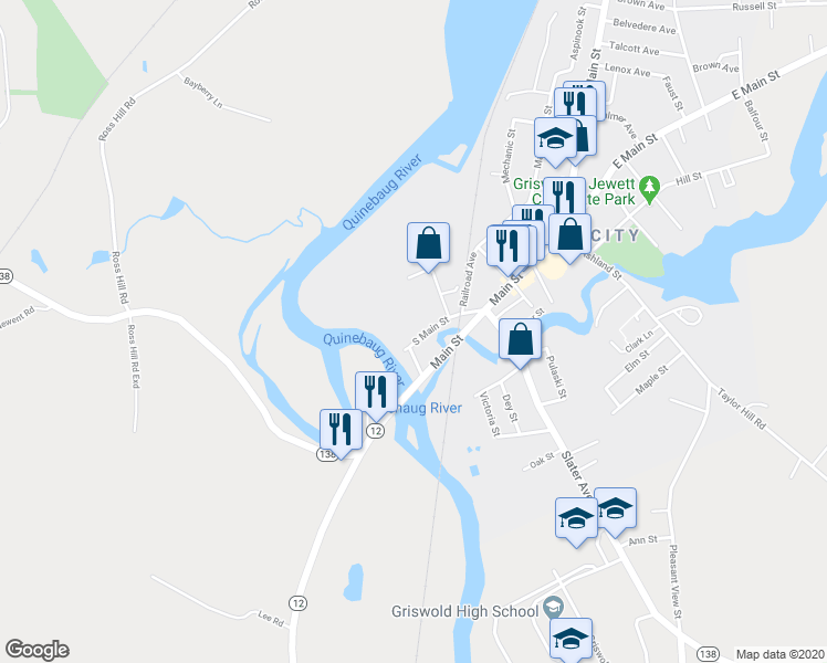 map of restaurants, bars, coffee shops, grocery stores, and more near 57 South Main Street in Griswold