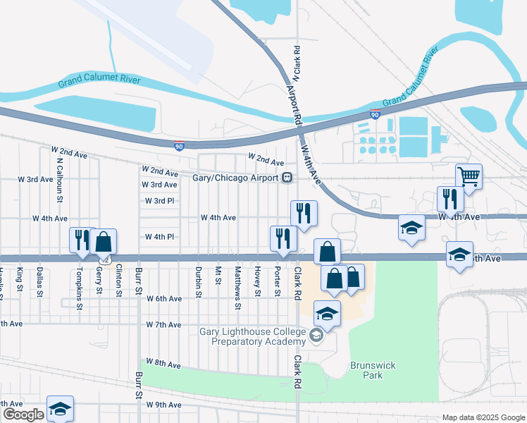 map of restaurants, bars, coffee shops, grocery stores, and more near 383 Hovey Street in Gary