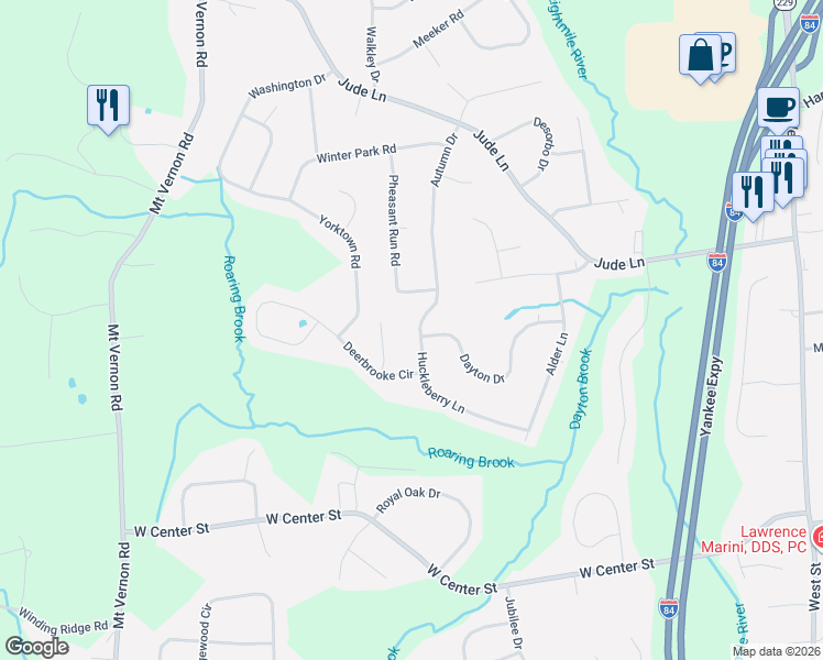 map of restaurants, bars, coffee shops, grocery stores, and more near 180 Huckleberry Lane in Southington