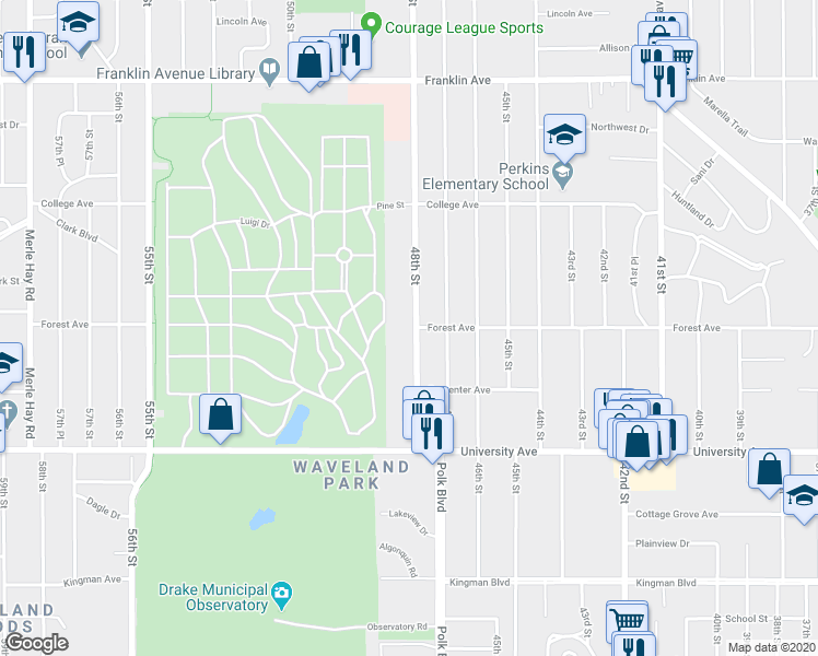 map of restaurants, bars, coffee shops, grocery stores, and more near 1348 48th Street in Des Moines