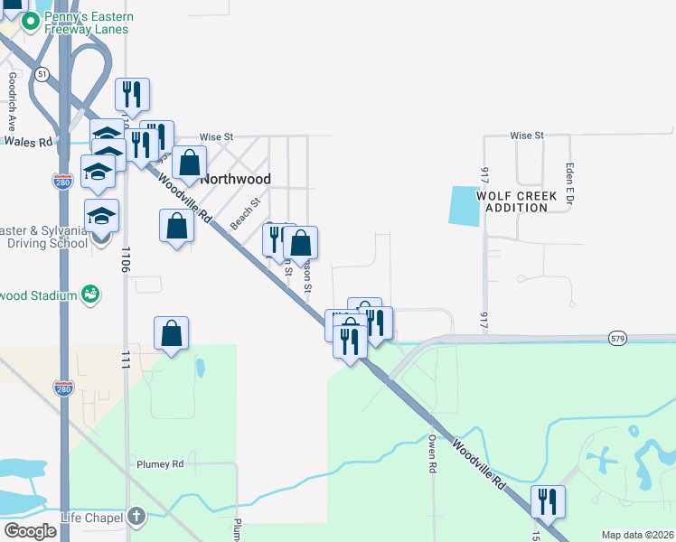 map of restaurants, bars, coffee shops, grocery stores, and more near 931 Hanson Street in Northwood