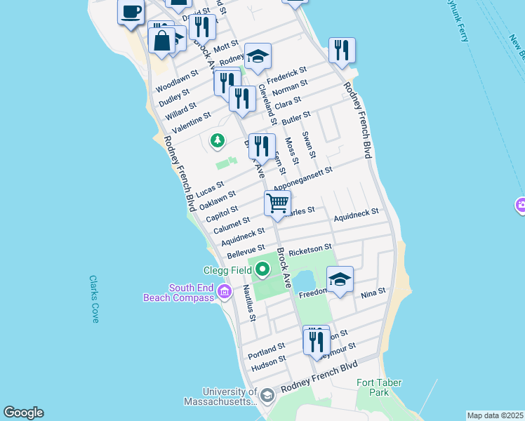 map of restaurants, bars, coffee shops, grocery stores, and more near 19 Calumet Street in New Bedford