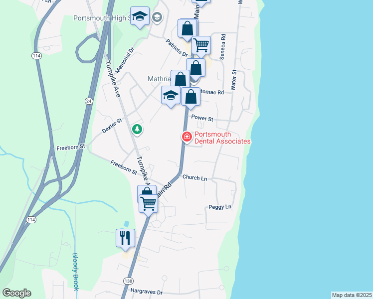 map of restaurants, bars, coffee shops, grocery stores, and more near 2755 East Main Road in Portsmouth